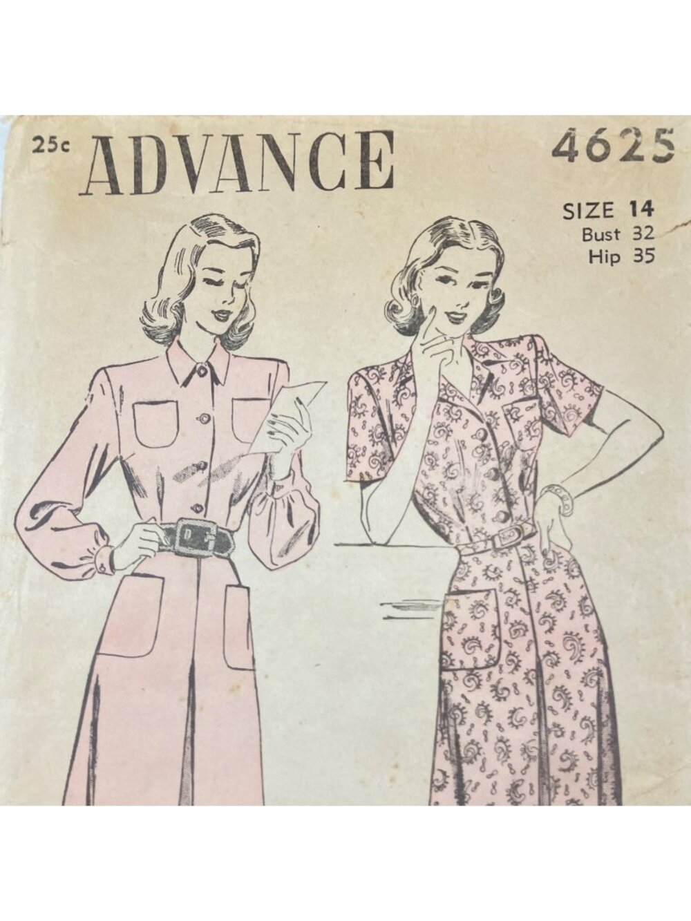 40s Advance 4625 Shirtwaist Dress Short Long Sleeves Unprinted Pattern Sz 14 B32